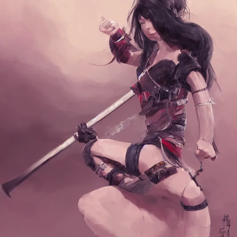 Prompt: bjork holding a katana, ponytail, highly detailed, digital painting, artstation, concept art, smooth, sharp focus, kunoichi, illustration