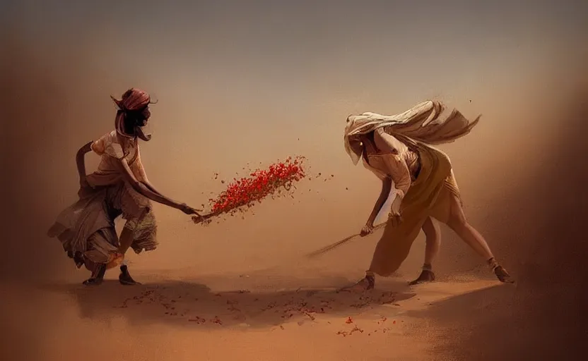 Image similar to A painting of a women harvesting spice in a desert trending on artstation in the style of Greg Rutkowski