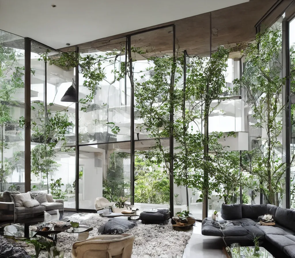 Image similar to a modern interior design, living room, residential design, floor - to - ceiling windows, and garden landscape outside the window ， by gracinha viterbo, trending ，