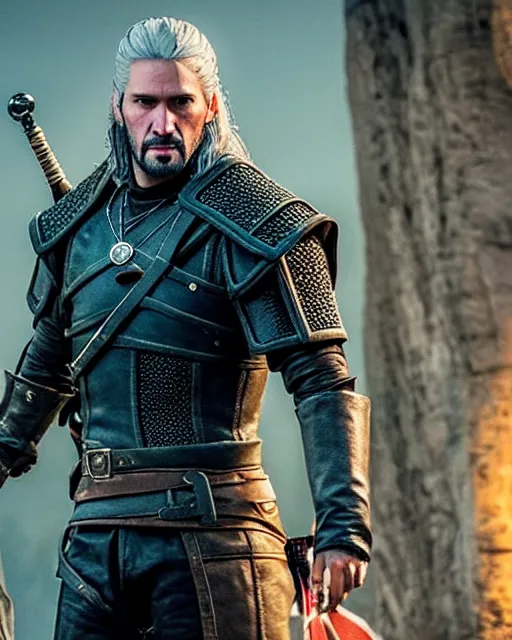 Image similar to Keanu Reevez in the role of Witcher III Gerald of Rivia, amazing short, ultra detailed