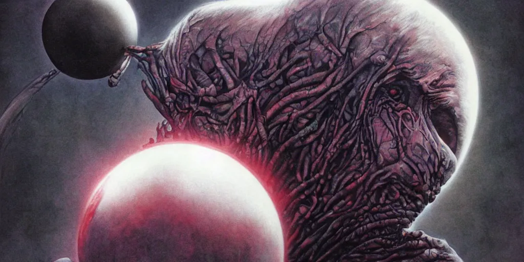 Prompt: griffith holding behelit during the eclipse from berserk, creepy, melting, since, horror, art by wayne barlowe, giger, artgerm