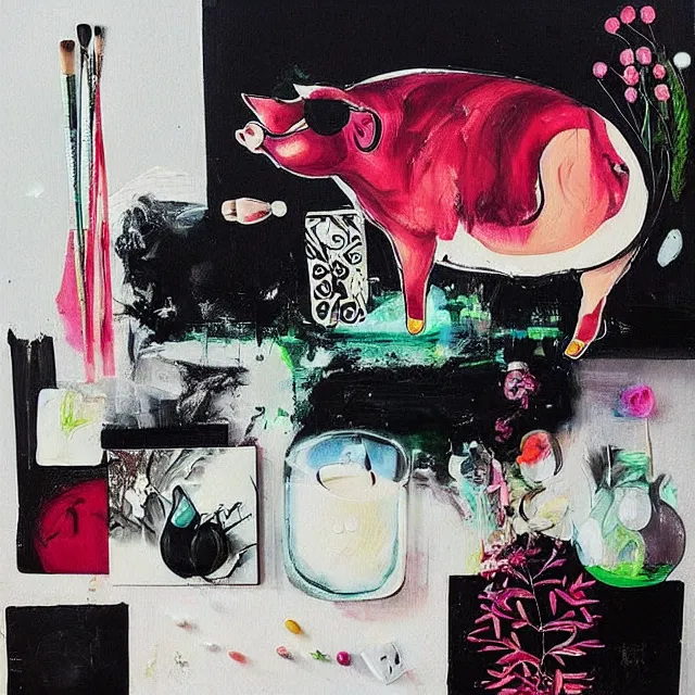 Image similar to “ a portrait in a female art student ’ s apartment, sensual, a pig theme, art supplies, paint tubes, ikebana, herbs, a candle dripping white wax, black walls, squashed berries, berry juice drips, acrylic and spray paint and oilstick on canvas, surrealism, neoexpressionism ”