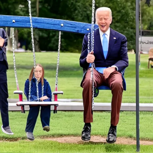 Image similar to Joe Biden rides a swing set while disappointed children watch him