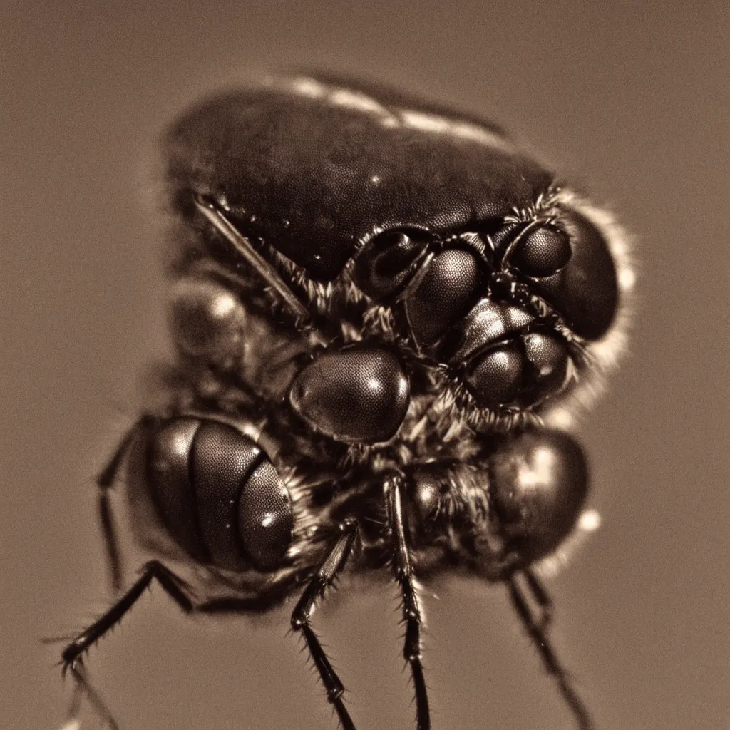 Image similar to a portrait front half body view of a mix of a macro of a fly with a man kodak 7 0 s film look ultra detailed