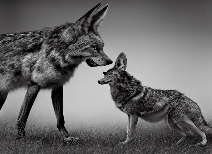 Image similar to Award winning Editorial photo of a Iroquois Native petting a wild coyote by Edward Sherriff Curtis and Lee Jeffries, 85mm ND 5, perfect lighting, gelatin silver process