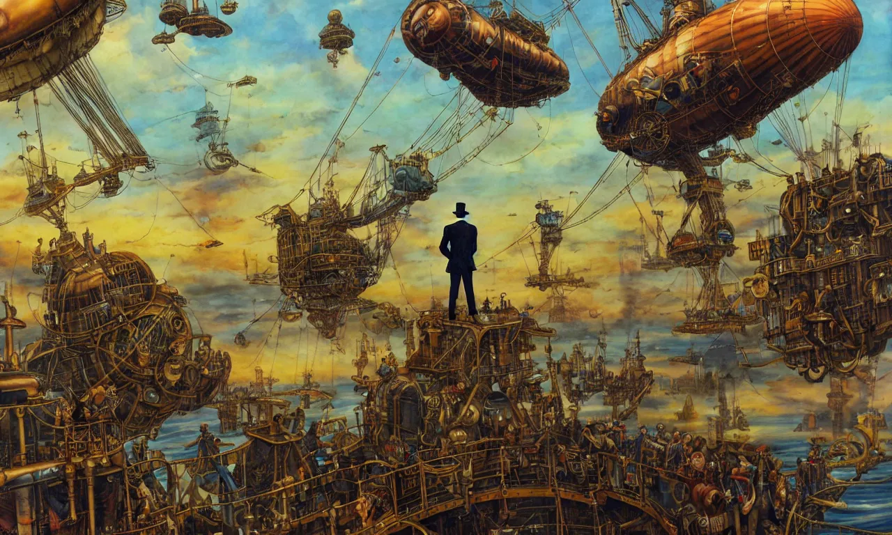 Image similar to close up of a gentleman navigator standing on deck of his steampunk airship flying over a vast ocean of a very large language model, observing giant flying robot harvesters collecting data relations in the background, painted by josh kirby, ligne claire, very detailed and colorful, low light