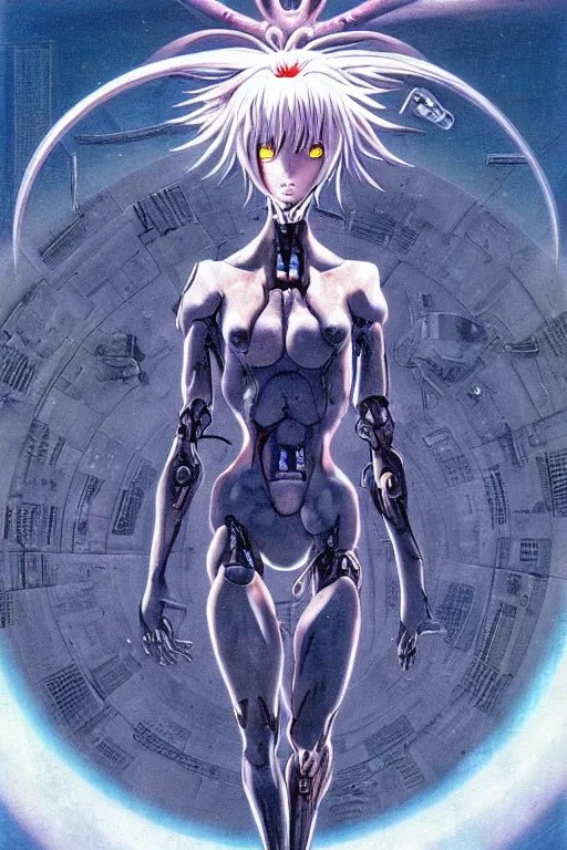 Image similar to female anime character rei ayanami cyborg in the center giygas epcotinside a space station eye of providence beksinski finnian vivid hr giger to eye hellscape mind character environmental