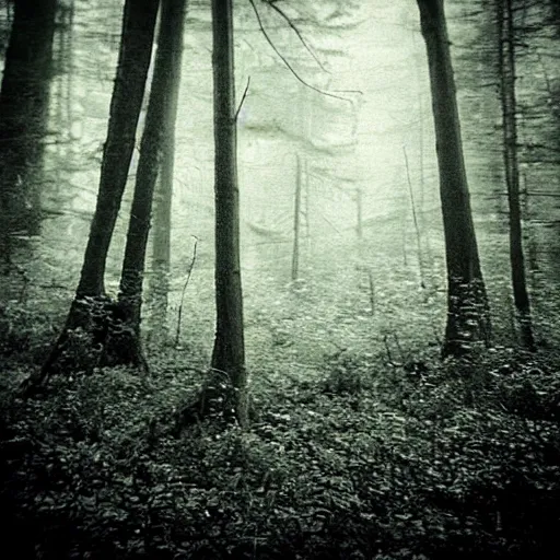 Image similar to grainy old photo of a forest. there is a grey alien in the background, blurry