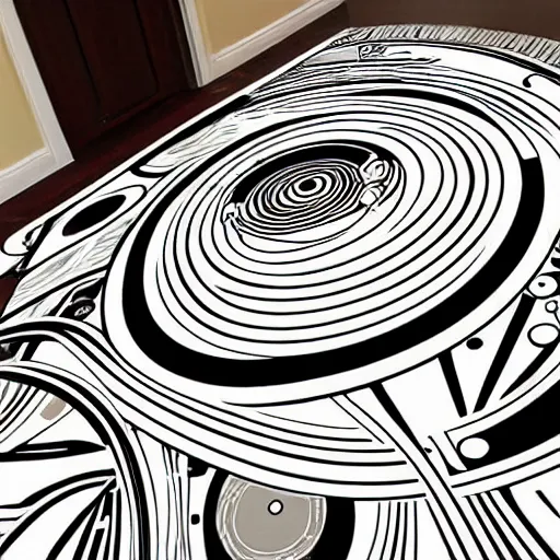 Image similar to art nouveau floor pattern, solar system, scifi inspired, thin lines, black and white