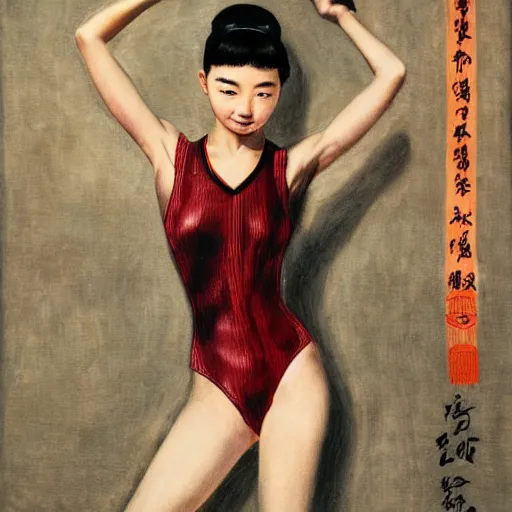 Prompt: a young gorgeous Chinese woman wearing sport racing competitive one piece swimsuit leotard, worksafe, by H.R. Giger