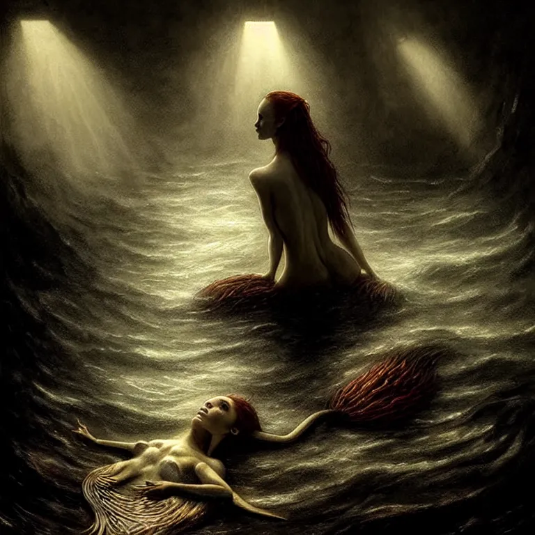 Image similar to epic professional digital art of a starving mermaid, atmospheric lighting, beautiful light and shadow, painted, complex, detailed, detailed, foreboding, mysterious, leesha hannigan, wayne haag, reina rocin, ignacio fernandez rios, mark ryden, iris van herpen, epic, stunning, magnificent, very wow, cinematic, masterpiece.