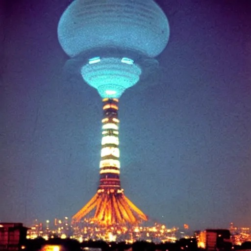 Image similar to photo of : the enormous mothership from close encounters of the third kind is hovering over tokyo tower in minato ward at night.
