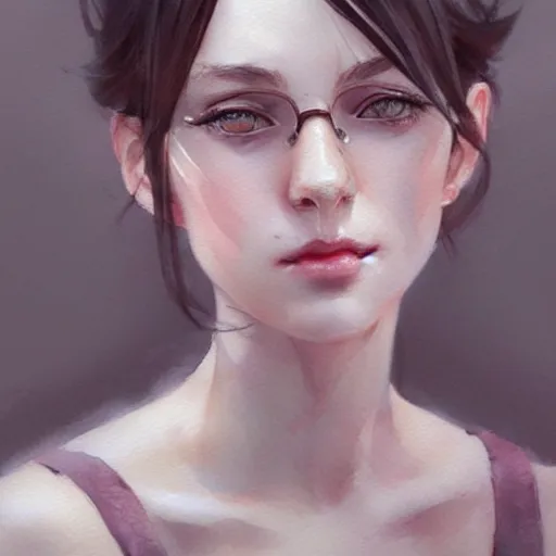 Image similar to short dark haired girl, grey eyes, artstation, watercolor, highly detailed, portrait, by krenz cushart