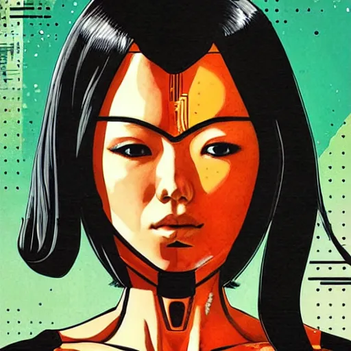 Prompt: portrait of a japanese female android, by MARVEL comics and Sandra Chevrier