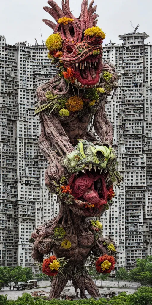 Image similar to colossal grotesque prehistoric alien predator flower made from best unfulfilled mankind projects in the middle of abandoned post soviet constructivist cityscape, Stalinist architecture, ultradetailed, Intricate by Hayao Miyazaki and Josan Gonzalez and Makoto Shinkai and Giuseppe Arcimboldo and Wes Anderson