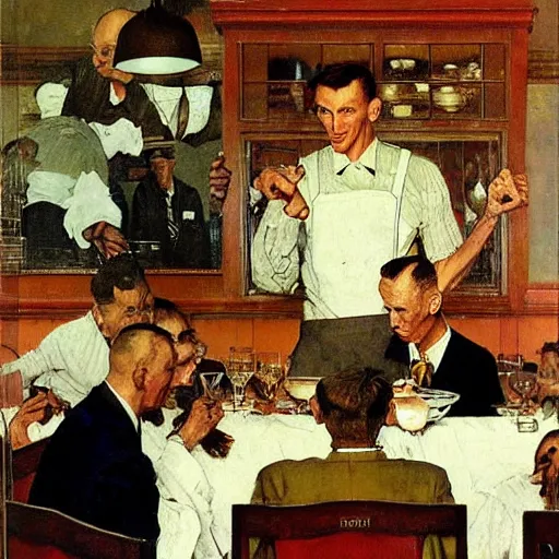 Prompt: the tallest man in the world gets himself into difficulties in a restaurant and threatens the horrified waiter, painted by norman rockwell and tom lovell and frank schoonover