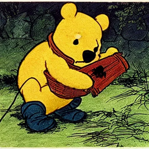 Image similar to Winnie The Poo is being killed by many bee stings in the style of E. H. Shepard