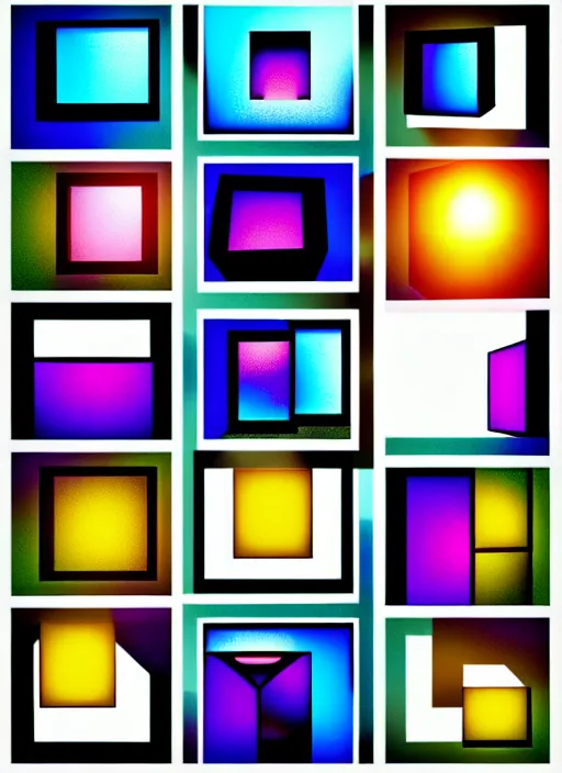Prompt: grid montage of optica with cube shaped lens, square shaped black cubes, cube shaped, detailed colored textures, lashes, advanced art, art styles mix, wet reflections in square cubes, sunshine light, hd macro photograph, from side, various eyelid positions