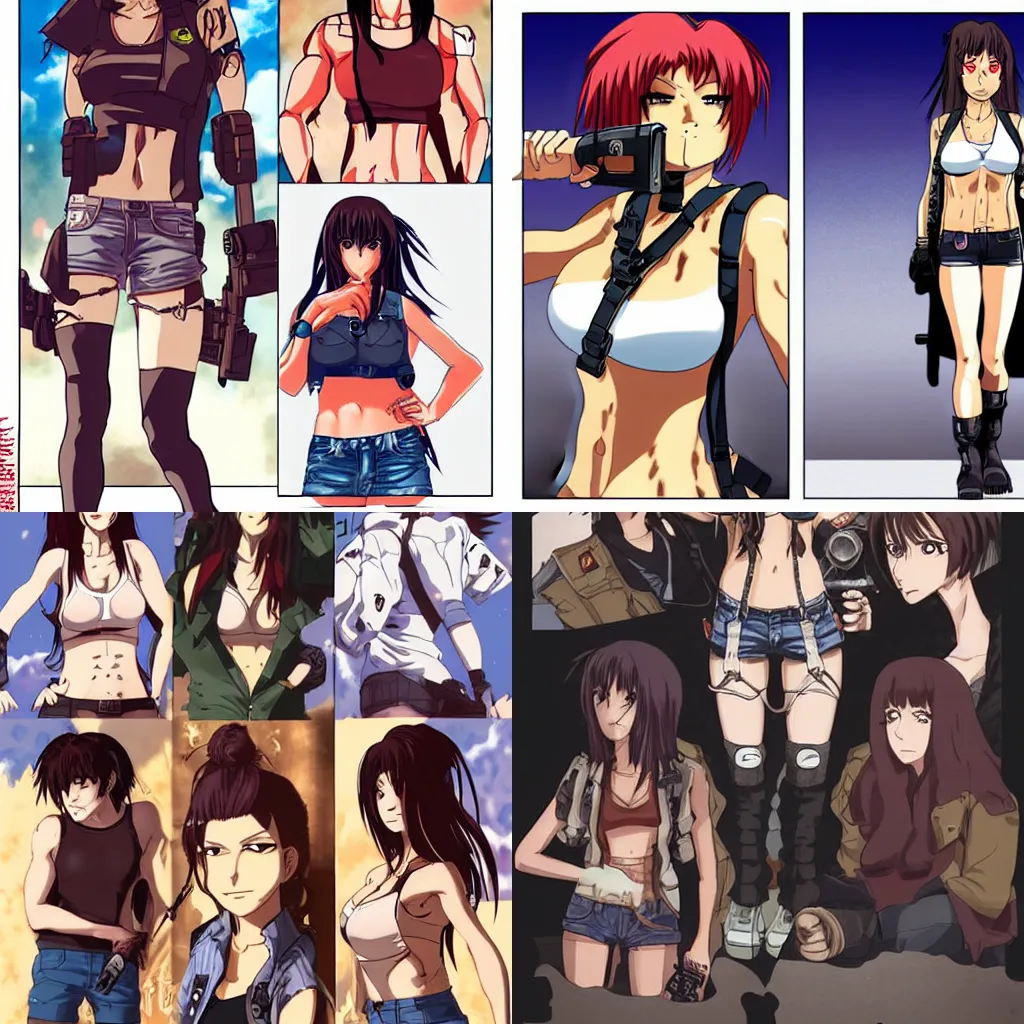 Prompt: Revy from Black Lagoon::6 anime and manga, smoking a cigarette, Jean shorts boots and white tank top::3 middle shot:: symmetrical face::2 symmetrical eyes::2 in the style of Joshua Middleton::1