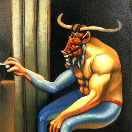 Image similar to a beautiful oil painting painting of the minotaur riding on the subway, staring at his cell phone