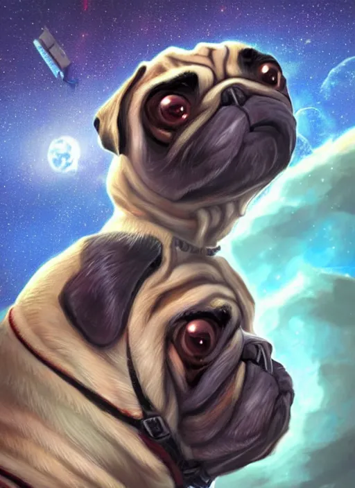 Prompt: An epic fantasy comic book style portrait painting of a pug astronaut in space, unreal 5, DAZ, hyperrealistic, octane render, cosplay, RPG portrait, dynamic lighting