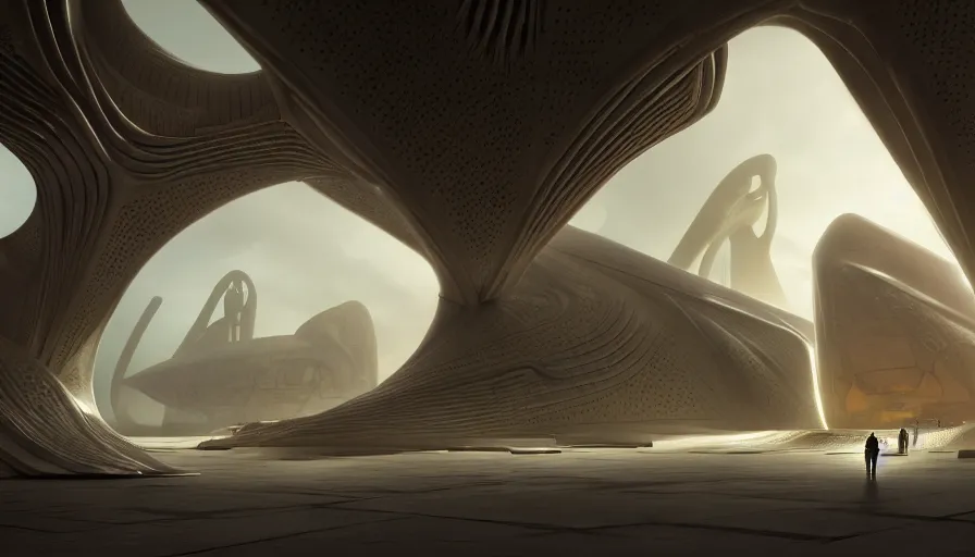 Image similar to the inside of a monument with alien motifs, by tim blandin and arthur haas and bruce pennington and john schoenherr, big windows architecture by zaha hadid, octane render, cinematic, scenery, cgsociety, modernism, futuristic, trending on artstation, sci - fi, high detail, high quality, close up angle, people walking