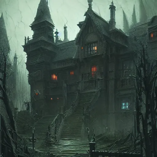 Image similar to detailed the huge haunted house on the edge of a hill , highly detailed, illustration, fantasy art, in the style of greg rutkowski, epic, fantasy, intricate, hyper detailed, artstation, concept art, smooth, sharp focus, ray tracing