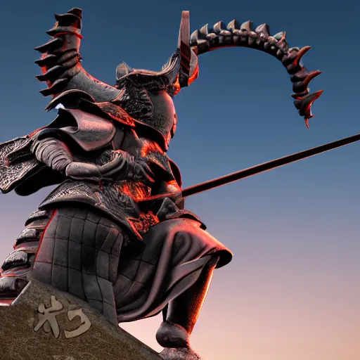 Prompt: photorealistic samurai wearing a dragons head kneeling on a grave, underneathe the moon, dynamic lighting, 8k