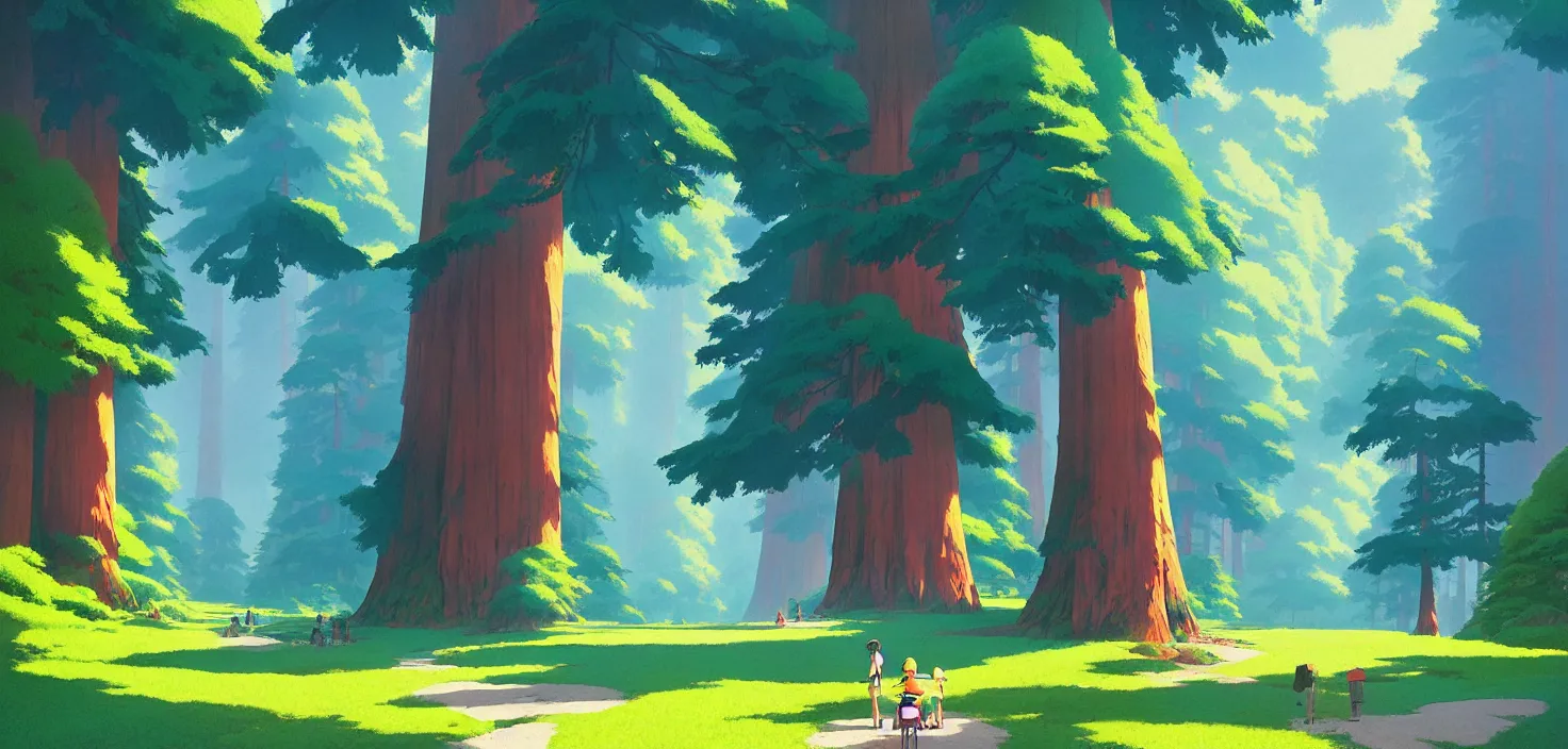 Image similar to Sequoia park in a colorful moutain with beautiful trees , no people, morning, by studio ghibli painting, superior quality, masterpiece, traditional Japanese colors, by Grzegorz Rutkowski, concept art