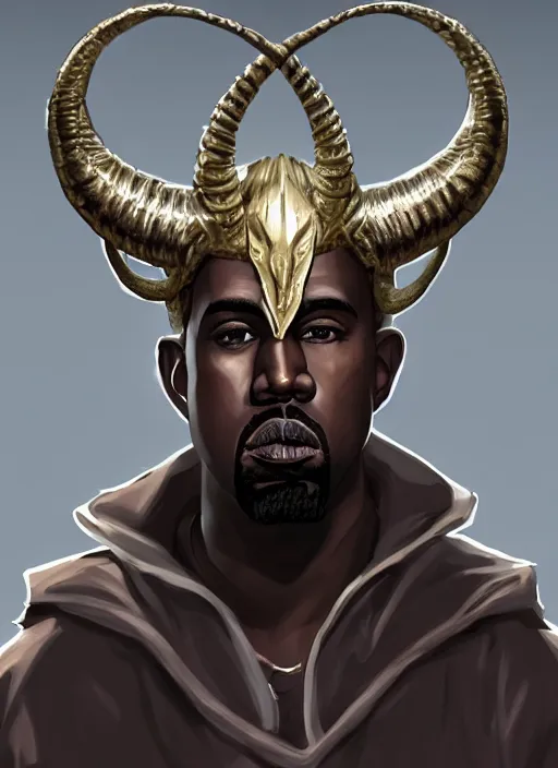 Image similar to a portrait of kanye west as a male tiefling warrior with!!! only two!!! large curved horns, intricate, tone mapped, ambient lighting, highly detailed, digital painting, artstation, concept art, 4 k, god rays, stunning beautiful, glowing eyes, sharp focus, by makoto shinkai and akihiko yoshida and hidari and wlop