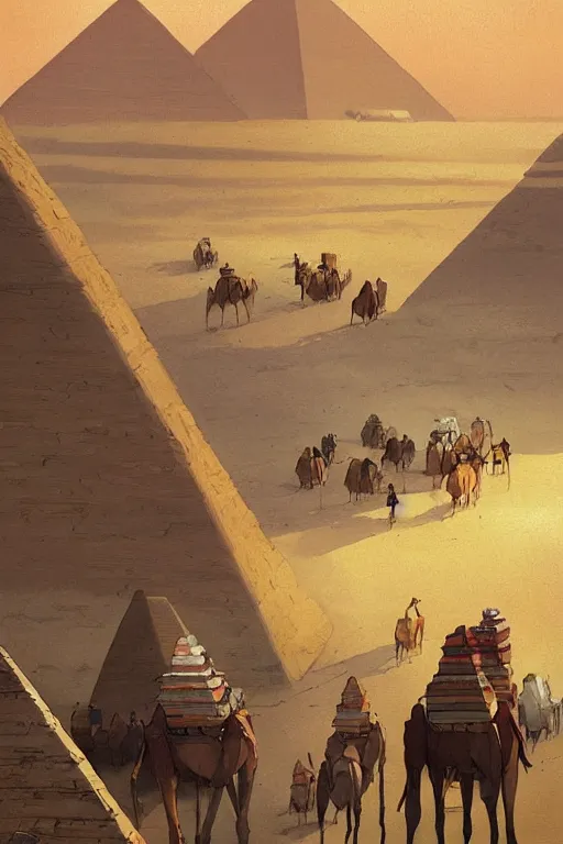 Prompt: beautiful Pyramids of Giza, Caravan of camels, by studio ghibli painting, superior quality, masterpiece, traditional Japanese colors, by Grzegorz Rutkowski, concept art