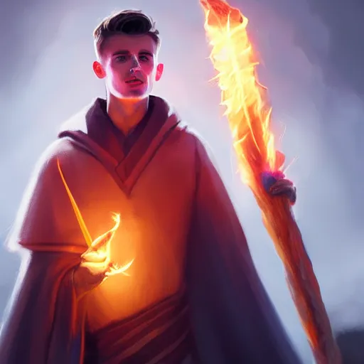 Prompt: Mason Mount wearing wizards robe holding a glowing fire magical staff. Trending on Artstation, octane render, ultra detailed, art by Ross tran