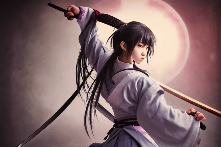 Prompt: highly detailed beautiful photo of a madison beer as a young female samurai, practising sword stances, art by koyoharu gotouge, symmetrical face. beautiful eyes, realistic, 8 k, award winning photo, pastels colours, action photography, 1 / 1 2 5 shutter speed, sunrise lighting,