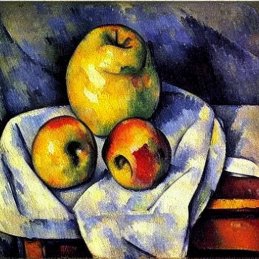 Prompt: Still life oil painting of an apple and a mug of coffee on a school desk, Paul Cezanne, 1895, award-winning, realistic, oil painting, dynamic lighting