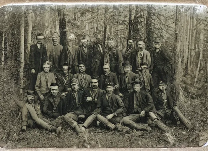 Image similar to tintype photo of a group of men after a successful hunt in the forest, standing over a deceased sasquatch