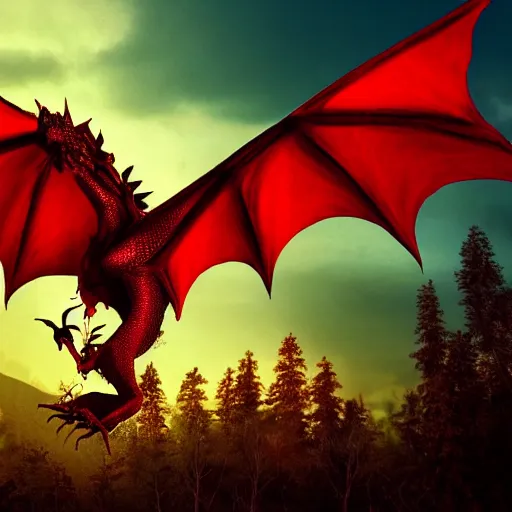 Image similar to a cute gorgeous beautiful realistic red dragon flying above a forest, photorealistic image , sunset in the background