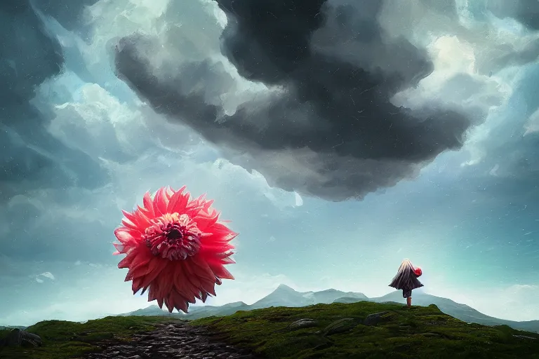 Image similar to giant dahlia flower as a head, girl walking on mountain, surreal photography, stars, dramatic light, impressionist painting, storm clouds, digital painting, artstation, simon stalenhag