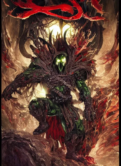 Prompt: first issue of spawn comic book cover art, au naturel, hyper detailed, digital art, trending in artstation, cinematic lighting, studio quality, smooth render, unreal engine 5 rendered, octane rendered, art style by klimt and nixeu and ian sprigger and wlop and krenz cushart