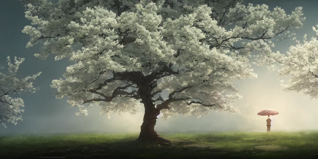 Image similar to a sakura tree, detailed oil painting, cinematic angle, hyperrealistic, breathtaking, volumetric lighting, cinematic lighting, dynamic, Studio Ghibli, digital art, octane render, epic composition, trending on artstation, masterpiece