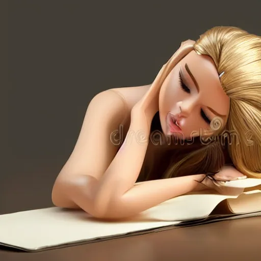 Prompt: a barbie doll with an exhausted!!!! expression sits at a desk with several large stacks of paper on it. her head is resting on her hand. stock photo, golden hour, photorealistic,