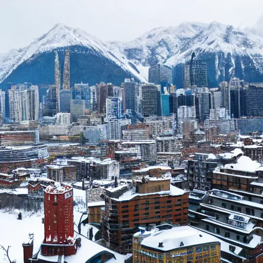 Prompt: a modern city on the top of a snow mountain