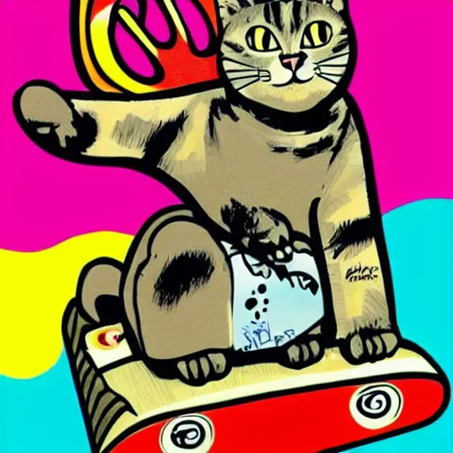 Prompt: 9 0's, 1 9 9 0 s style poster with a cat riding on a skateboard giving a peace sign ✌