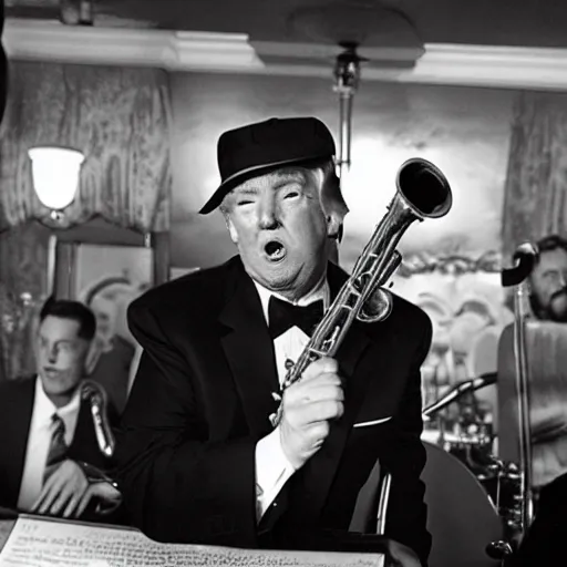 Image similar to donald trump in a jazz band, film noir