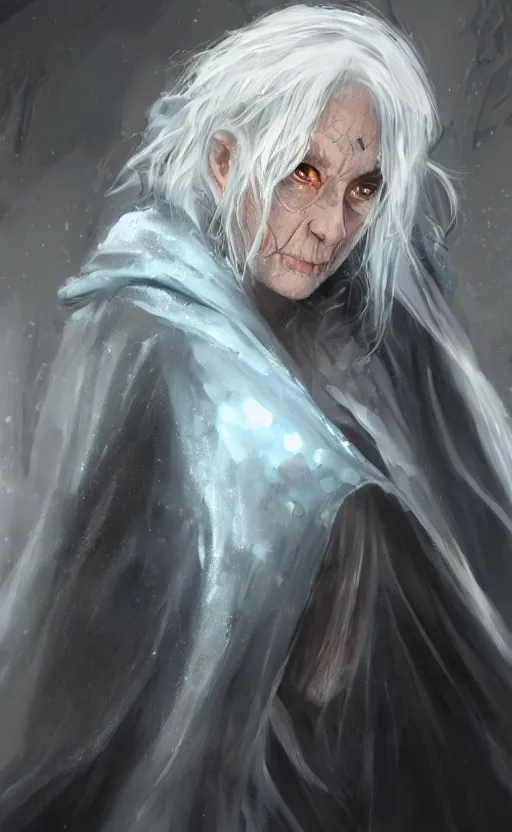 Prompt: an older woman with silver hair and piercing blue eyes. she's wearing a dark, hooded cloak and looks like she knows her way around a sword, dynamic lighting, photorealistic fantasy concept art, trending on art station, stunning visuals, creative, cinematic, ultra detailed