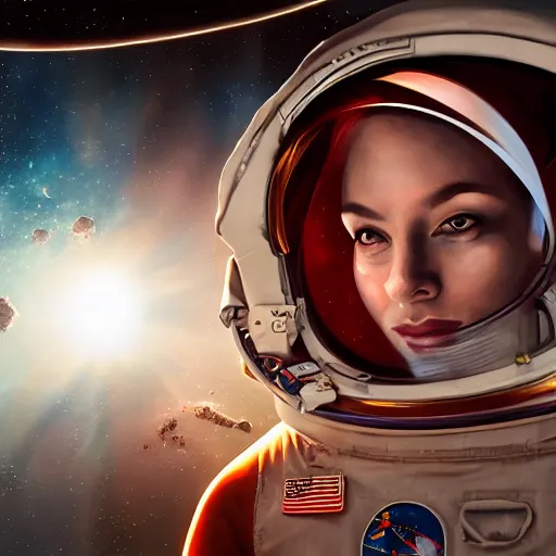 Image similar to a portrait of an intensely lit female astronaut in space station, red, oil painting, pale colors, high detail, 8 k, wide angle, trending on artstation,