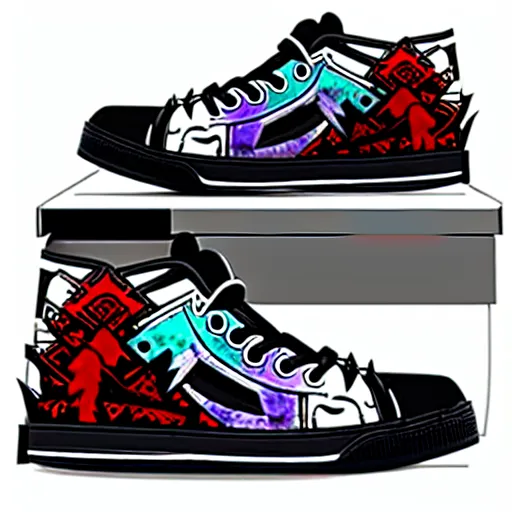 Image similar to fantasy anime jrpg sneaker design designed by studio ghibli, chrono trigger guilty gear style, aztec mayan street fashion native punk sneaker design, hip hop sneaker design with subtle mayan patterns, gapmoe yandere grimdark, trending on pixiv fanbox, painted by greg rutkowski makoto shinkai takashi takeuchi studio ghibli, akihiko yoshida