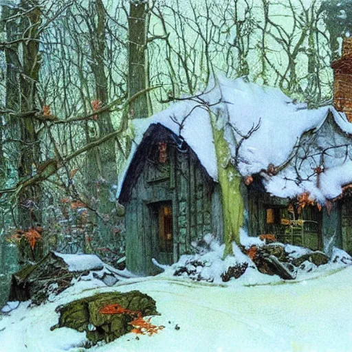 Prompt: witch cottage in the forest, art by norman rockwell and donato giancola and greg rutkowski, vintage art, realistic