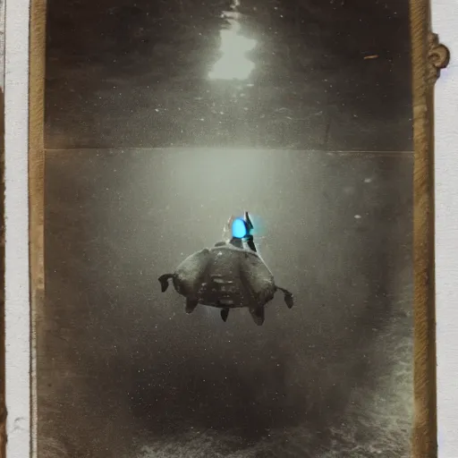 Prompt: tintype photo, swimming deep underwater, alien ship