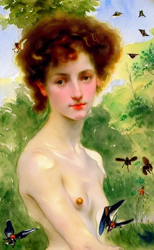 Image similar to the face of a young woman with marble complexion, angelic features, dancing curls around her face, her head raised in rapture, symmetrical eyes, watercolor by john singer sargent, background lush vegetation, insects and birds, 8 k uhd