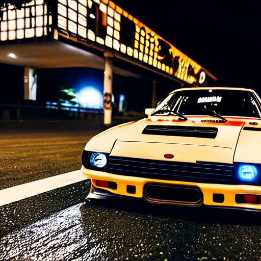 Image similar to a car S30 turbo drift at illegal car meet, Gunma prefecture, midnight mist lights, cinematic color, photorealistic, highly detailed wheels, highly detailed